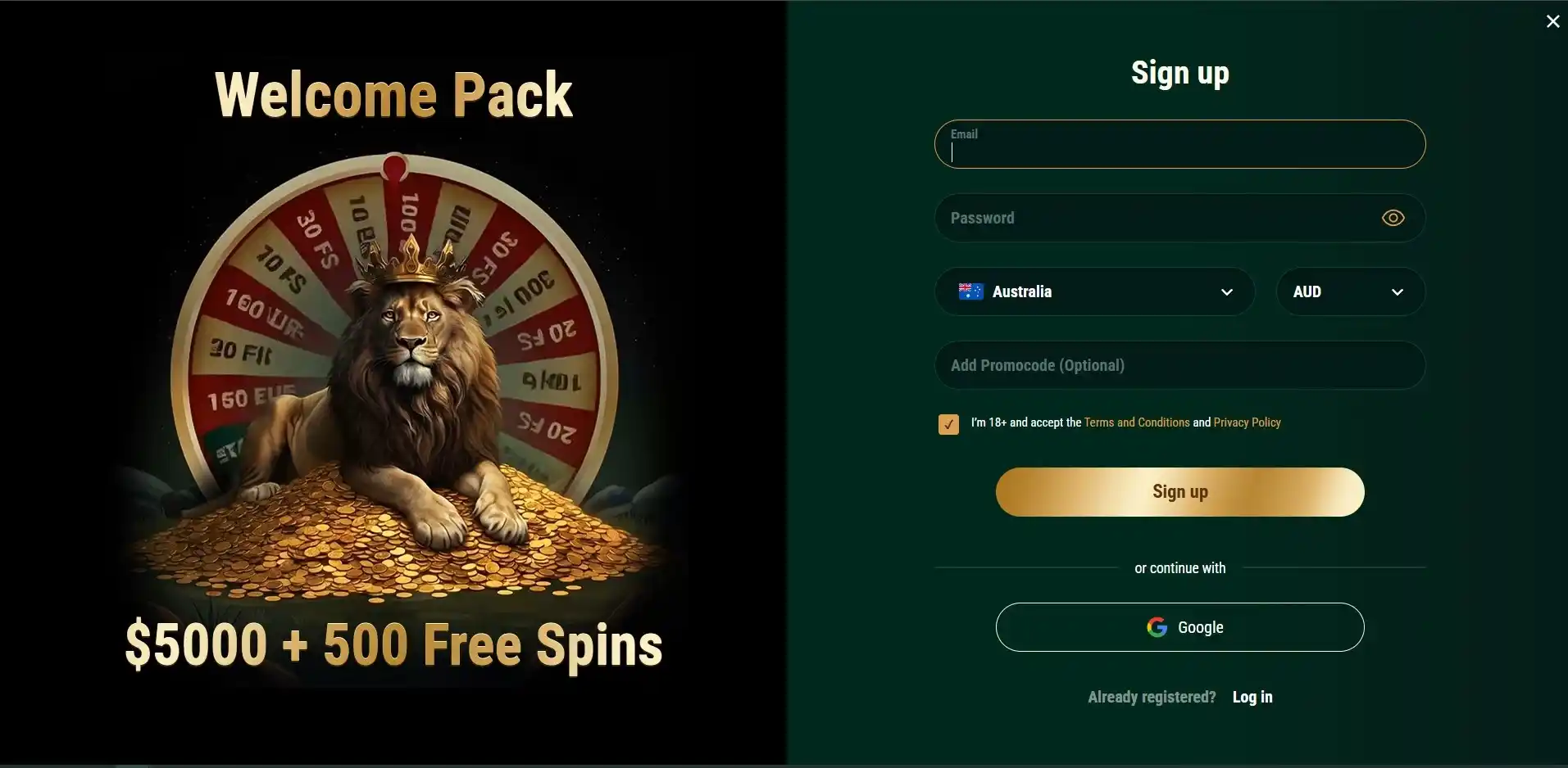 Richard Casino sign up welcome bonus form
